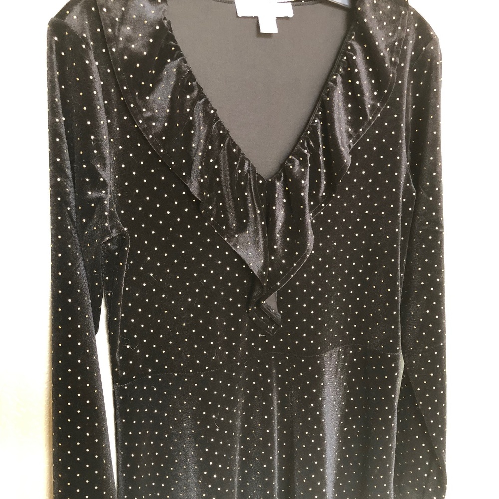 Michael Kors Black and Gold Polka Dot Velveteen Dress Ruffle Collar Long Sleeves